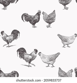 Seamless background of sketches farm roosters and hens