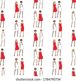Seamless background of sketches fashionable young women in red and white dresses