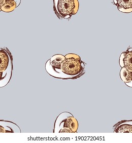 Seamless background of sketches fresh donuts for breakfast