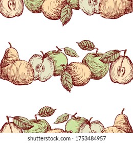 Seamless background of sketches green apples and yellow pears in rows