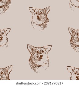Seamless background of sketches head corgi dog