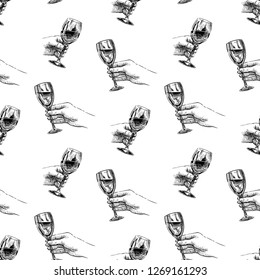 Seamless background of sketches of human hands with wine glasses