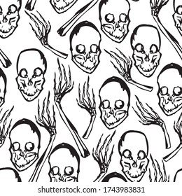 Seamless background of sketches human skulls and hands bones