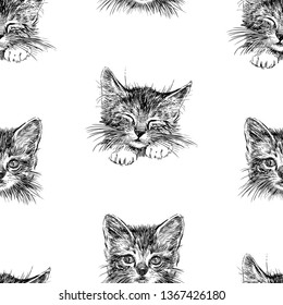 Seamless background of sketches of kittens faces