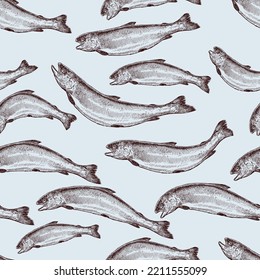 Seamless background of sketches ocean salmon flock