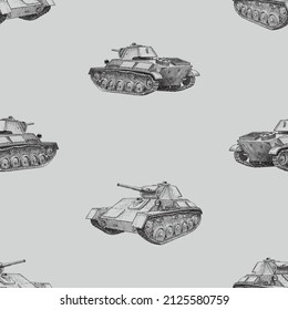 Seamless background of sketches old fighting tanks of Second world War