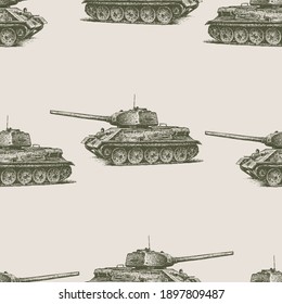 Seamless background from sketches of old tanks of World War II