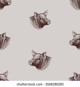 Seamless background from sketches portrait cunning smiling pig