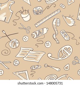 Seamless background with sketches of sewing tools