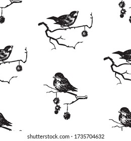 Seamless background sketches of sparrows sitting on tree branches on winter day