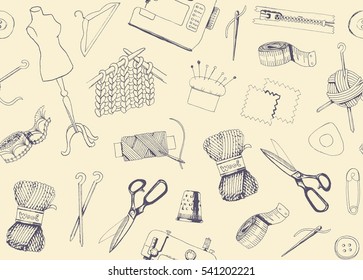 Seamless background with sketches of tools and materials for sewing and needlework