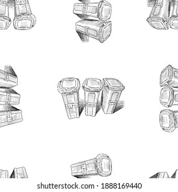 Seamless background of sketches trash cans with sorting garbage