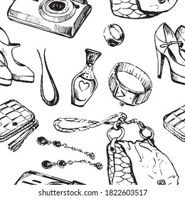 Seamless background of sketches various female things