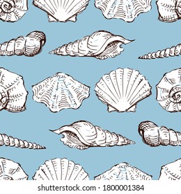 Seamless background of sketches various seashells