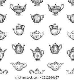 Seamless background of sketches of various teapots