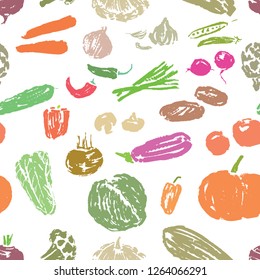 Seamless background of sketches of various vegetables