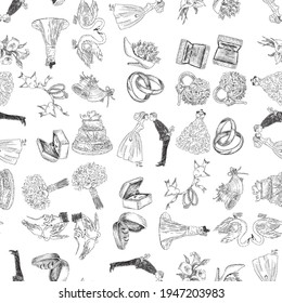 Seamless background of sketches various wedding symbols