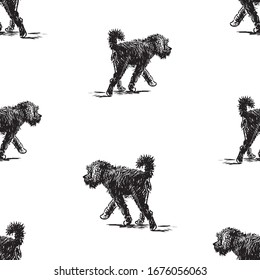 Seamless background of sketches walking black shaggy dog