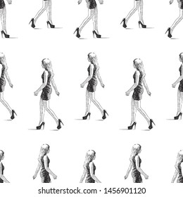 Seamless background of sketches of a walking slim young woman
