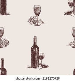 Seamless background of sketches wine bottle, wine glass, grape and corkscrew