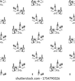 Seamless background of sketches wine bottles, glasses,cheese and lemon