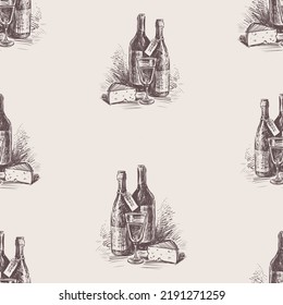 Seamless background of sketches wine bottles, wine glass and cheese