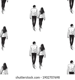 Seamless background of sketches young coople walking outdoor 