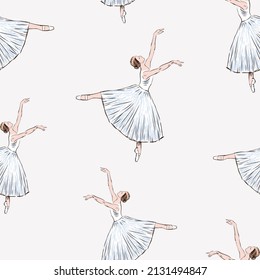 Seamless background of sketches young graceful dancing ballerina