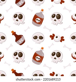 Seamless background with skulls, bones, potion bottles, eyes. Square pattern on a white background, drawings in a simple flat style, cartoon character. Vector cute illustration for gift paper, fabric