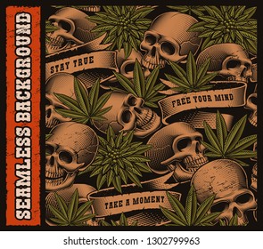 Seamless Background Of Skulls And Cannabis Leaves In Vintage Tattoo Style. Layered On The Dark Background.