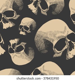 Seamless background with skulls. Hand drawn. Vector illustration.