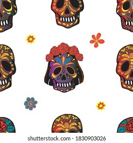 Seamless background. Skulls in patterns and with different colors. Flat. Skull with a large rose and a skull with a wreath of roses. The lettering with dots is hand made. Suitable for textiles, paper.