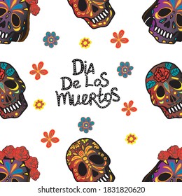 Seamless background. Skulls in patterns and different colors. Small flowers. Handmade dotted lettering. The inscription "Dia de los muertos", which means "Day of the Dead". Suitable for textiles. 