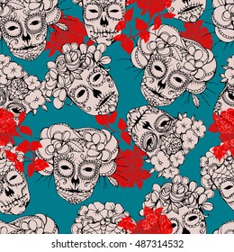 Seamless background with skulls.Skulls and peonies, Colorful Day of the Dead card. Calaveras design.