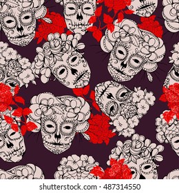 Seamless background with skulls.Skulls and peonies, Colorful Day of the Dead card. Calaveras design.