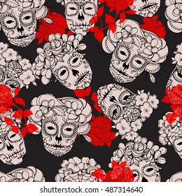 Seamless background with skulls.Skulls and peonies, Colorful Day of the Dead card. Calaveras design.