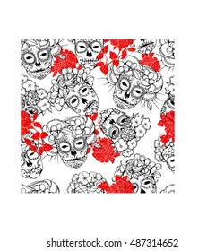 Seamless background with skulls.Skulls and peonies, Colorful Day of the Dead card. Calaveras design.