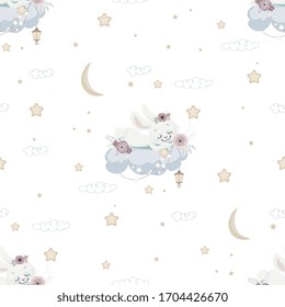 Fondo sin problemas con conejito dormido en la nube