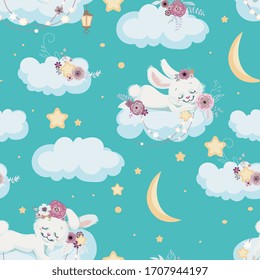 Seamless background with sleeping bunny  on cloud