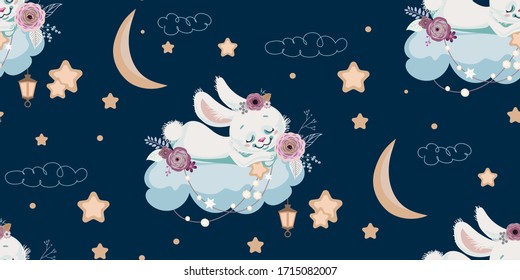 Seamless Background Sleeping Bunny On Cloud Stock Vector (Royalty Free ...