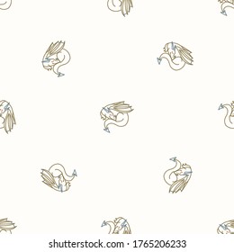 Seamless background sleeping dragon gender neutral baby pattern. Simple whimsical minimal earthy 2 tone color. Kids nursery wallpaper or boho cartoon animal fashion all over print.