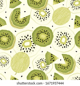 Seamless background with sliced kiwi fruits, seeds and stylized whole fruits.