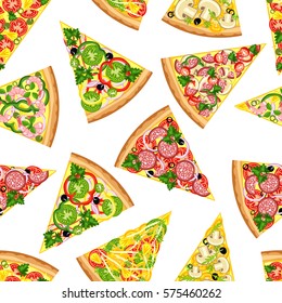 Seamless background from slices of delicious pizza. Pattern.