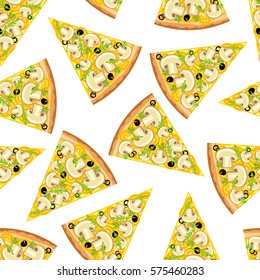 Seamless background from slices of delicious pizza. Pattern.