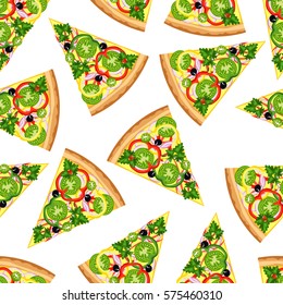 Seamless background from slices of delicious pizza. Pattern.