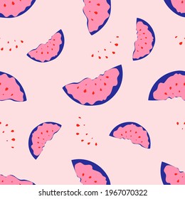 Seamless background with slices of juicy watermelon on pink. For printing on fabrics, textiles, posters, pillows, interior design. Vector graphics.