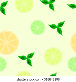 A seamless background with slices of lemon, lime and orange, accompanied by mint leaves.