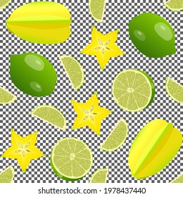Seamless background with slices of lime and carom. Pattern with pieces of fruit isolated on a transparent background. Vector design for decorating fabrics, shower curtains, kitchen tablecloths.