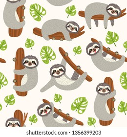 Seamless background with Sloth on the branch. Vector illustration of leaves and cute bear on white . Floral and animal pattern.