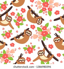 Seamless background with Sloth on the branch. Vector illustration of leaves, flowers and cute bear on white . Floral and animal pattern.